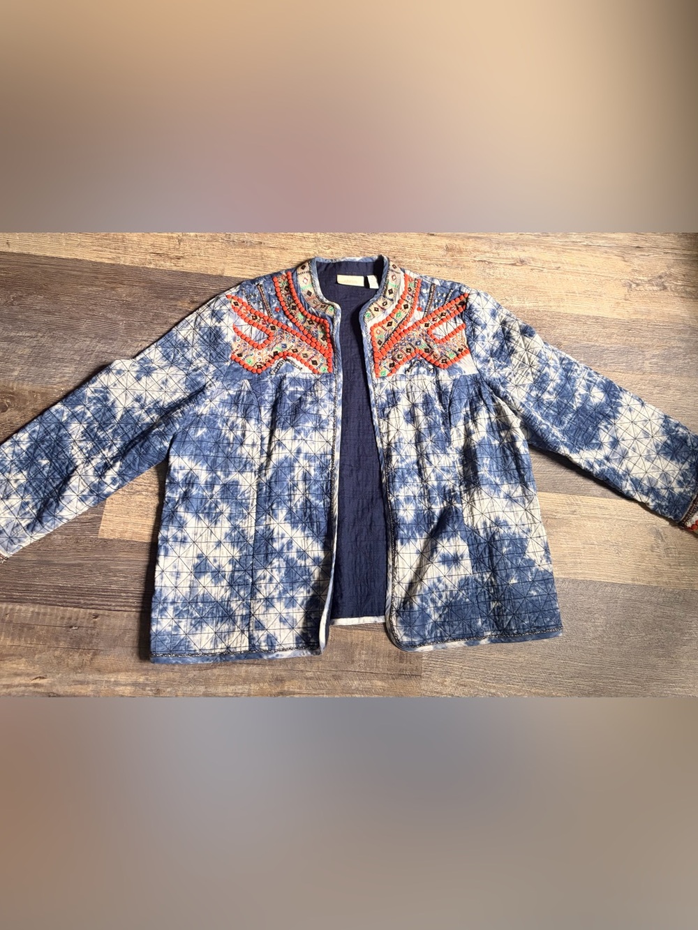 Chico's Indigo Tie-Dye Quilted Jacket with Orange Embroidered Yoke